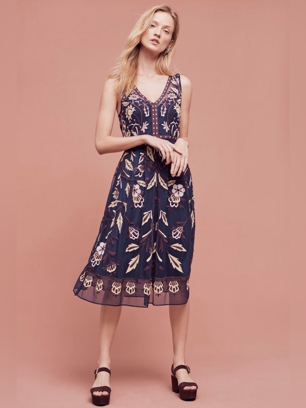 Anthropologie Moulinette Soeurs Navy Embroidered Alicante Bohemian Dress, Size 8